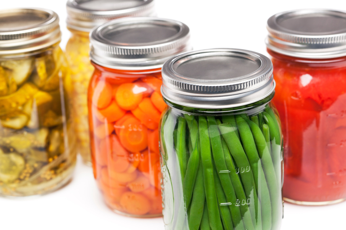 Canning Jars Containing Homegrown Vegetables for Preserved, Canned Food Storage